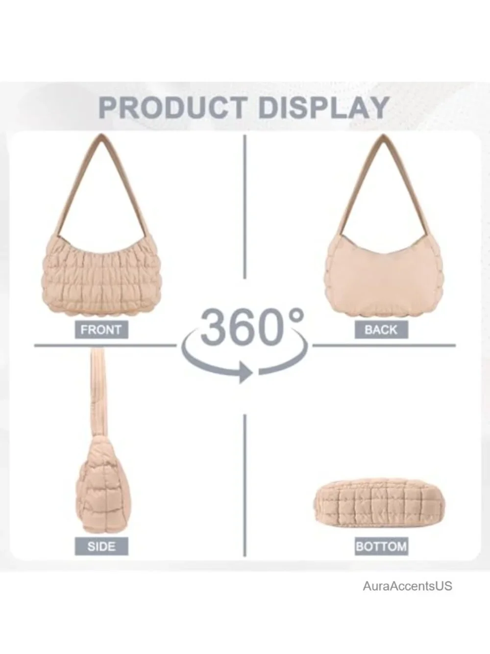 Quilted Nylon Puffer Tote Bag Lightweight Crescent Hobo Handbag Work Travel